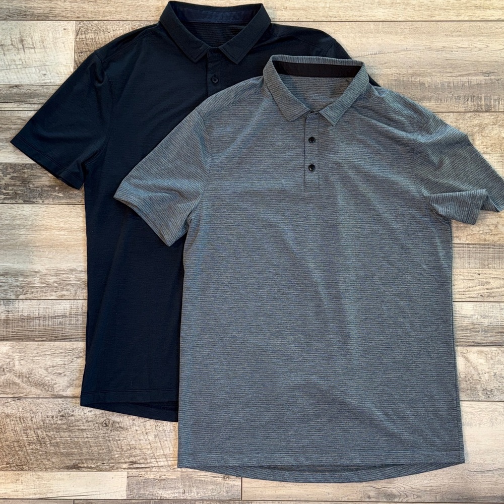 2 Lululemon Men’s Medium Performance Polo – Navy & Heathered Grey/Blue stripe